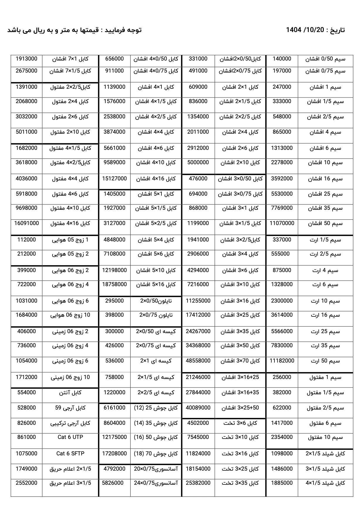 لیست قیمت کابل کمان